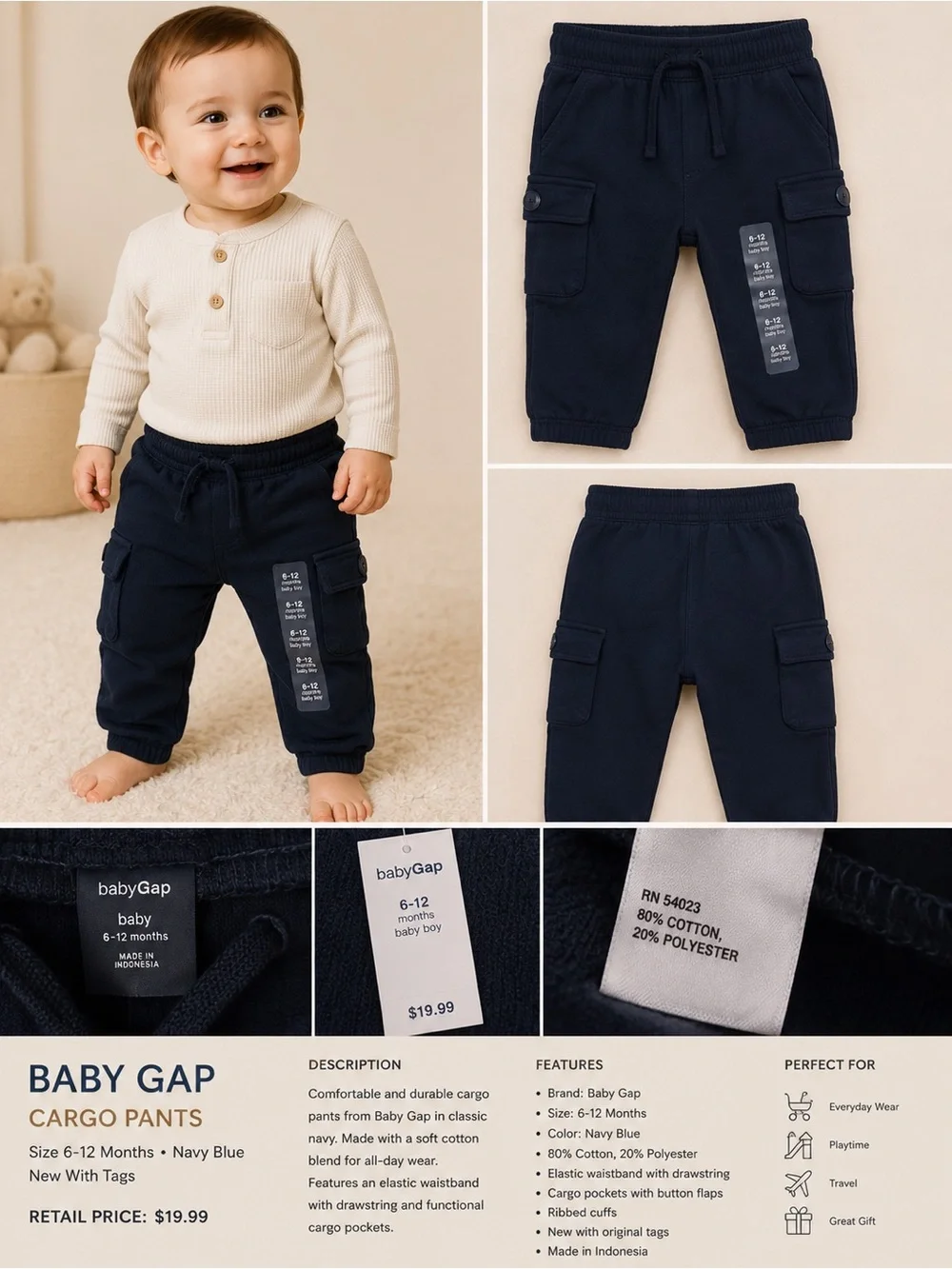 NWT babyGap Navy Cargo Jogger Pants | 6–12 Months | Soft Cotton Blend | Baby Boy